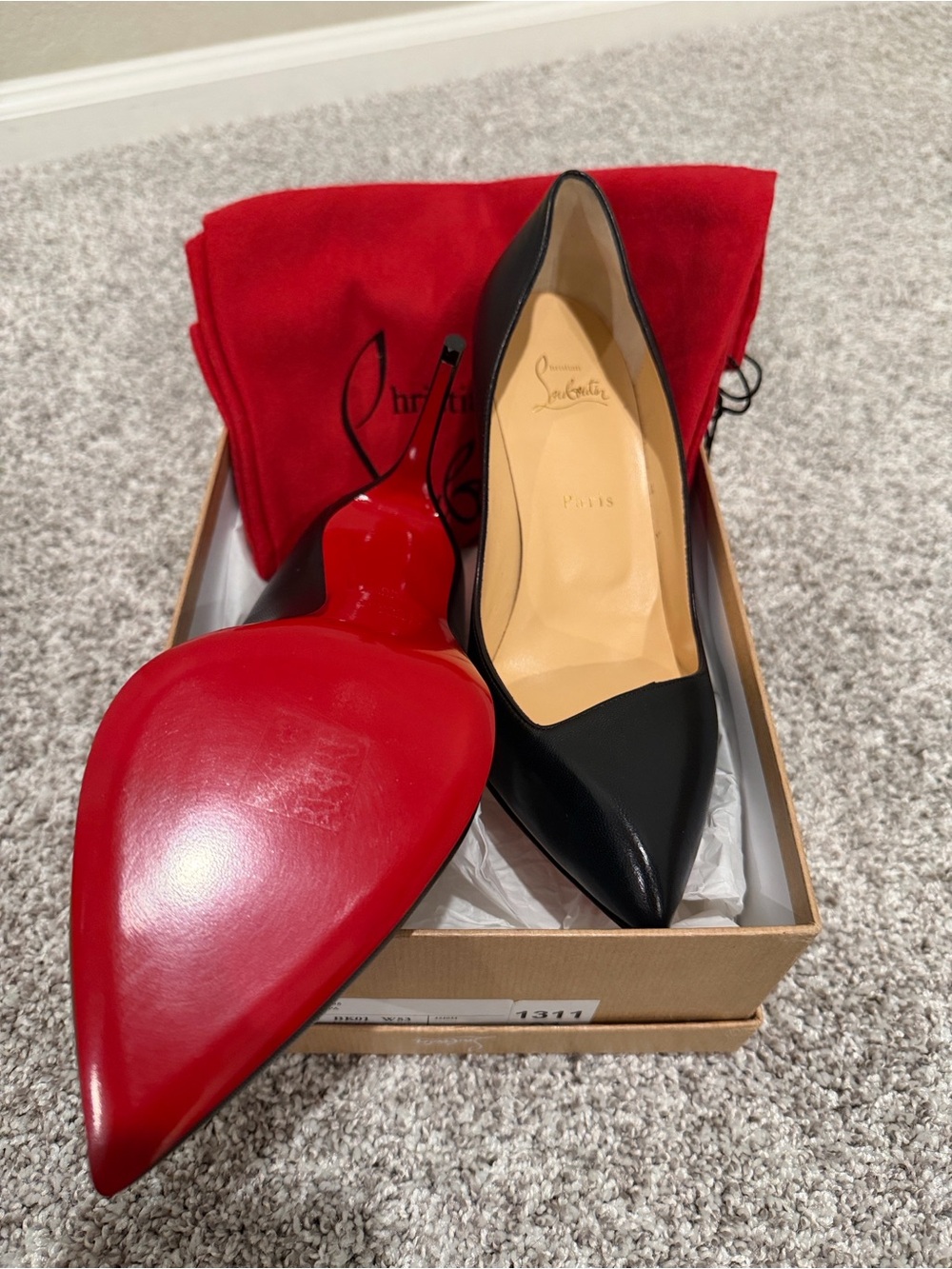 Christian Louboutin Black Leather Pointed Toe Pumps with Signature Red Soles